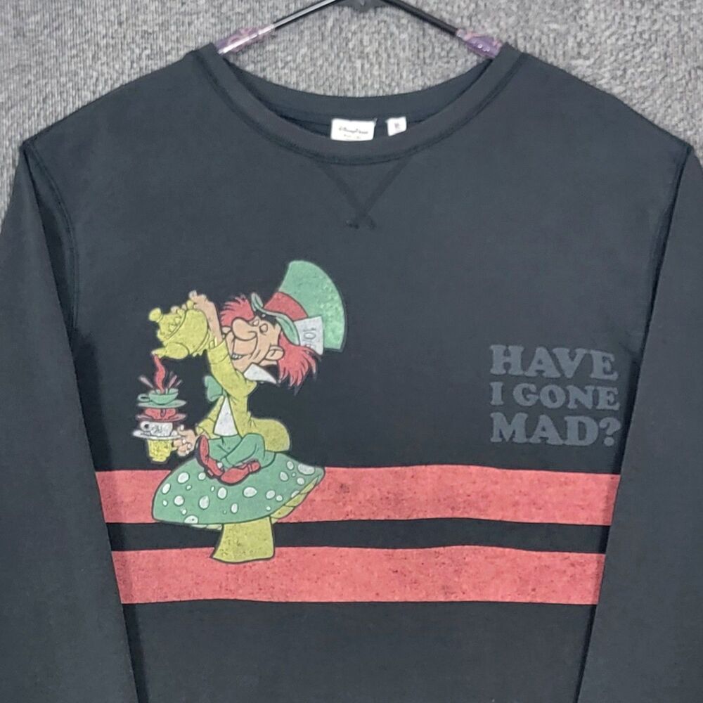Disney Parks Sweatshirt Mens Large Black Mad Hatter HAVE I GONE MAD Pullover